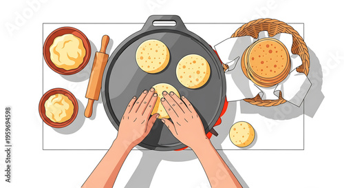 A person preparing homemade tortillas in a kitchen with various cooking utensils and ingredients