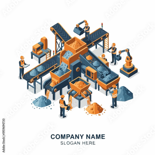 Wallpaper Mural Isometric illustration of an industrial processing plant with conveyor belts, machinery, and workers. Torontodigital.ca