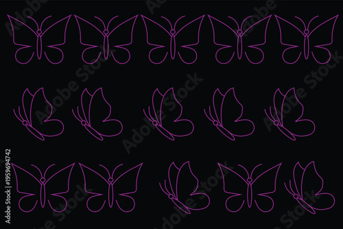 Set of six butterfly outlines with intricate wing patterns
