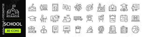 School Web Icon Set in Linear Style. Collection of Education and knowledge line icons, including science, students, online learning, subjects, study, school and more. Editable stroke