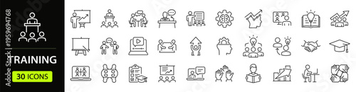 Training Web Icon Set in Linear Style. Collection of workshop, line icons, including coaching, meeting, education, conference, mentoring, teamwork, presentation, seminar and more. Editable stroke