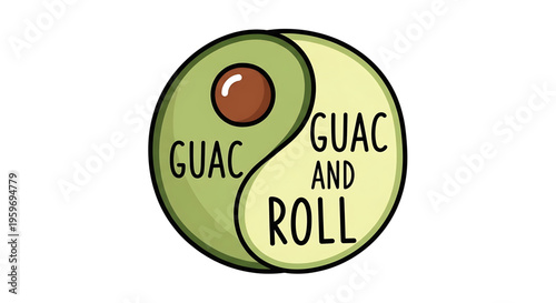 A playful vector graphic of a split avocado with the words 'GUAC' and 'GUAC AND ROLL' for a fun food or restaurant concept