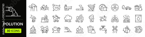 Pollution Web Icon Set in Linear Style. Collection of Garbage and Waste line icons, including ecosystem, waste, recycling, trash, disposal, sorting and more. Editable stroke