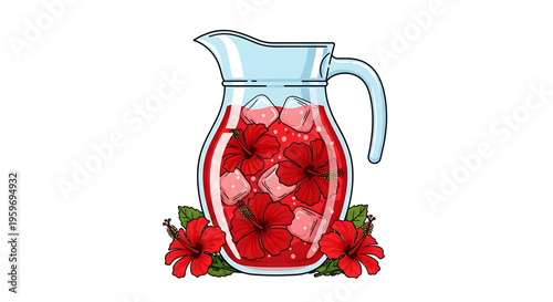 A colorful vector illustration of a glass pitcher filled with red hibiscus drink and ice cubes surrounded by flowers