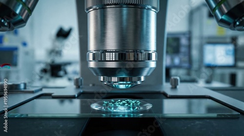 Fototapeta Microscope objective analyzing bioluminescent phytoplankton
