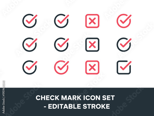 Check mark icon set with editable stroke on white background