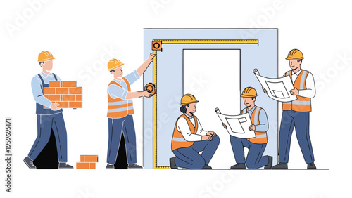 Building the Dream: A construction crew collaborates with dedication, utilizing blueprints and tools to bring a building vision to life.