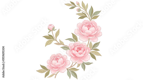 Watercolor pink rose stem with soft green leaves forming a delicate floral motif, a romantic, versatile design for invitations, decor, and prints.