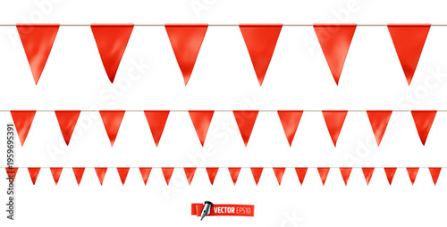 Vector realistic illustration of red pennant garland on a white background.