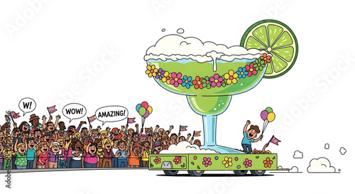 A colorful illustration of a festive margarita float with a cheering crowd
