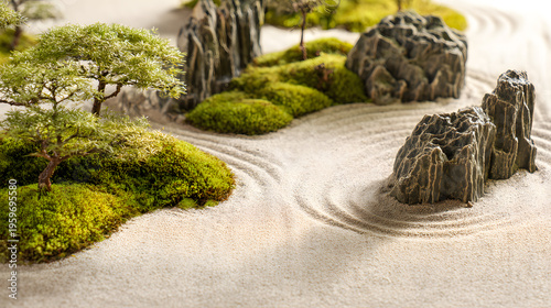 Zen tranquility in raked sand and moss islands