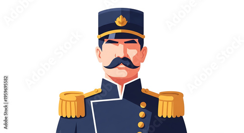 A cartoon illustration of a military officer in a blue uniform with gold accents.