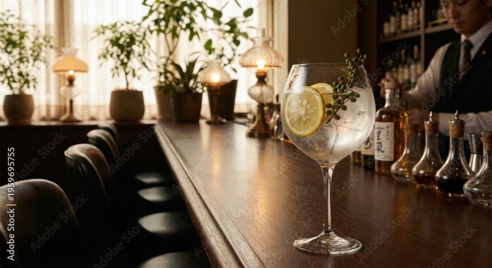 Fototapeta premium Japanese gin and tonic with yuzu and sansho pepper in bar