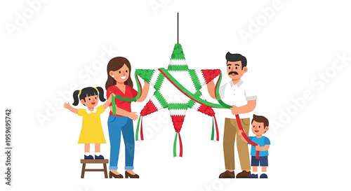 A happy family decorating a colorful star-shaped Christmas tree together at home