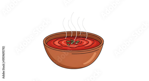 A steaming bowl of tomato soup in a brown ceramic bowl with a sprinkle of herbs on top, perfect for illustrating a recipe or food blog
