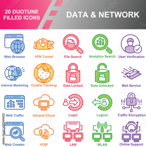 20 Duotone Filled Data and Network Icons Set – Web, VPN, Security, Analytics, Cloud, Login, LAN, WLAN, Online Support Vector Collection
