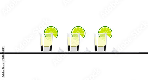 A vector graphic illustration of three shot glasses with lime wedges on a bar