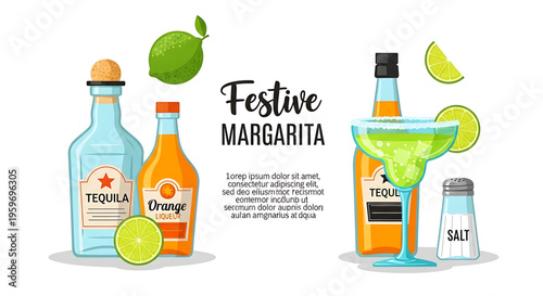 A festive margarita vector graphic illustration featuring tequila bottles, limes, and salt