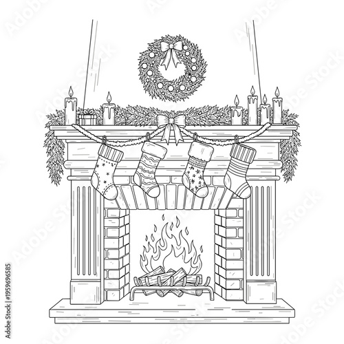 Detailed Christmas Mantle Fireplace Line Art