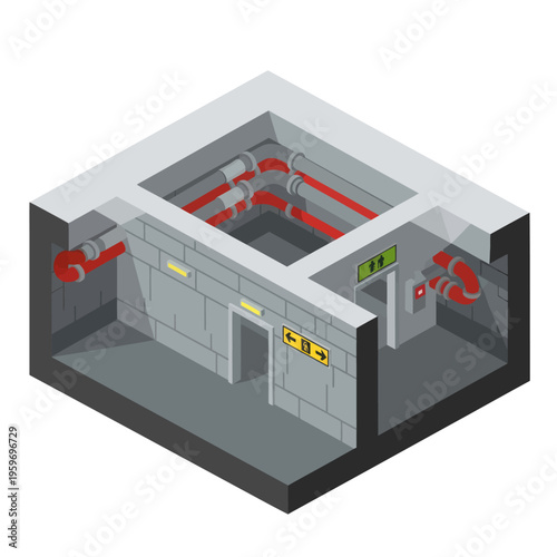 Isometric View of an Underground Emergency Shelter with Red Pipes.