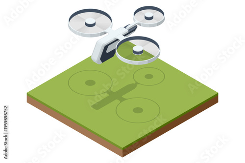 Isometric tri rotor drone hovering above grassy platform. Minimal unmanned aircraft, aerial technology, modern robotics, remote control flight, surveillance potential, lightweight transport innovation