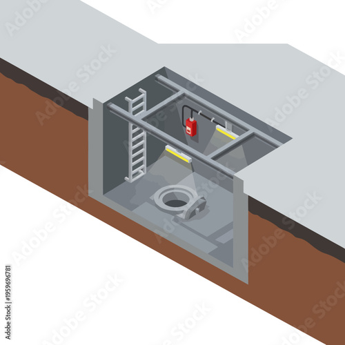Illustration of a Manhole Shaft with Ladder and Equipment.