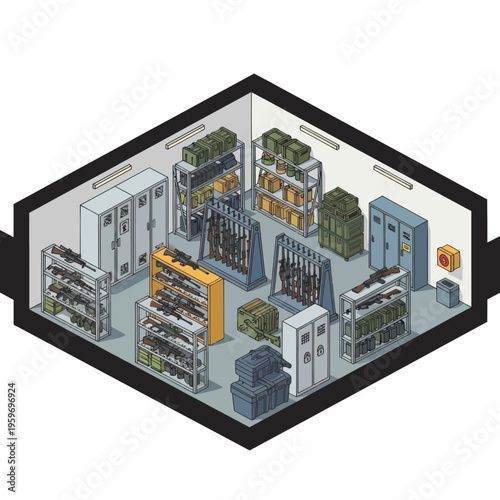 Isometric Armory Room Illustration with Weapons and Storage.