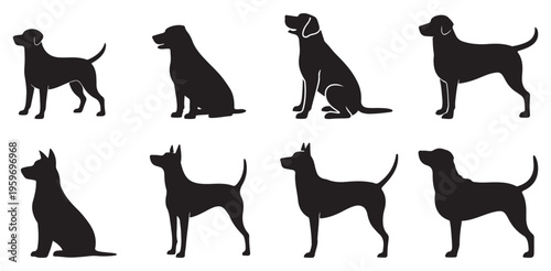 Sitting and waiting dog silhouettes alert poses set. vector illustration eps 10