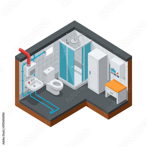 Isometric Bathroom Interior Design with Plumbing and Fixtures.