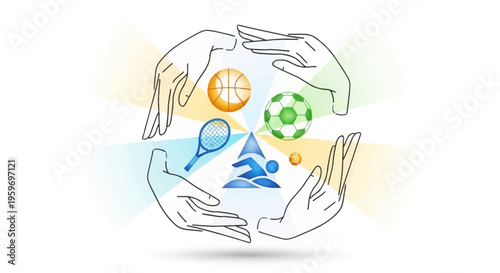 A colorful illustration of hands cradling a globe with sports icons, symbolizing the International Day of Sport for Development and Peace with a global sports unity concept