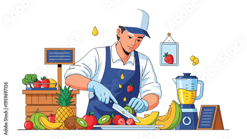 Fruit Artisan Crafting Delight: A skilled artisan meticulously slices vibrant fruits. Transforming fresh ingredients into a culinary masterpiece, epitomizing the essence of health and flavor.