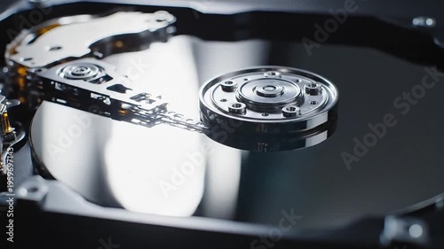 Close-up of a hard drive's internal components and disk platters