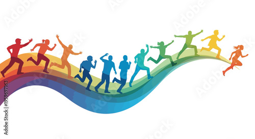 Colorful illustration of multi-country athletes running on a wavy rainbow line, symbolizing global sports unity and peace on International Day of Sport for Development