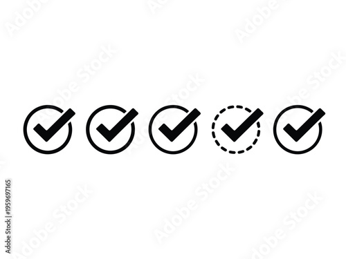 Five black checkmark icons in circles on a white background