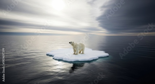 Polar bear standing on melting ice floe in Arctic ocean with dramatic cloudy sky and cold blue lighting