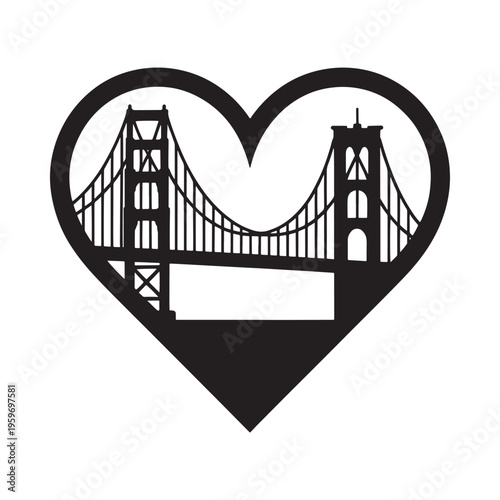 A black silhouette of the golden gate bridge framed within a bold solid heart shape design