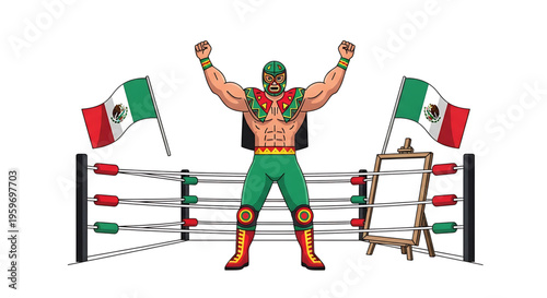 A vibrant Mexican luchador celebrating victory in a wrestling ring with flags