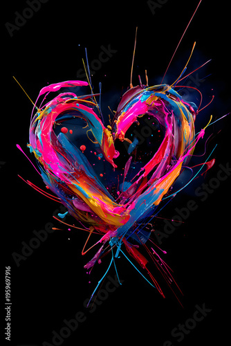 Abstract heart explosion with vibrant colors and energetic patterns on a dark bold artistic background