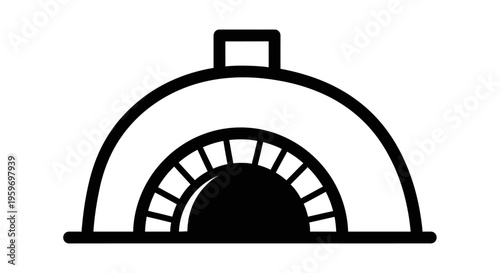 Minimalist black and white illustration of a traditional brick oven with chimney isolated on white background.