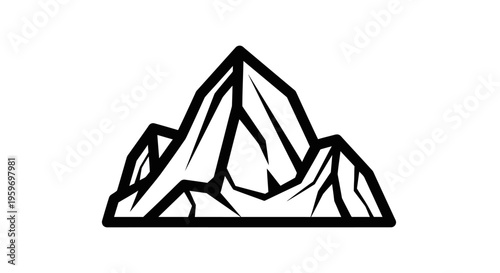 Minimalist mountain illustration with bold black and white design emphasizing peak structure and rugged terrain. Suitable for outdoor themes.