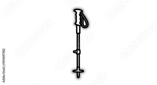 Black and white minimalist vector of a trekking pole with adjustable strap and ergonomic handle isolated on a plain background.