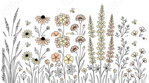 Watercolor meadow of wildflowers and tall grasses in soft pastel tones, a botanical illustration ideal for nature decor and spring art.