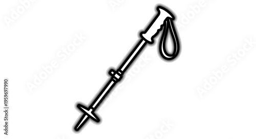 Vector illustration of a black and white minimalist hiking pole with adjustable strap and rubber grip isolated on white.