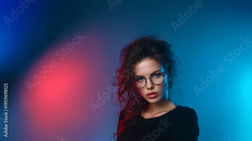 confident european woman wearing stylish eyewear on blue gradient background, modern female portrait with glasses looking at camera in vibrant studio, professional woman with optical eyewear 