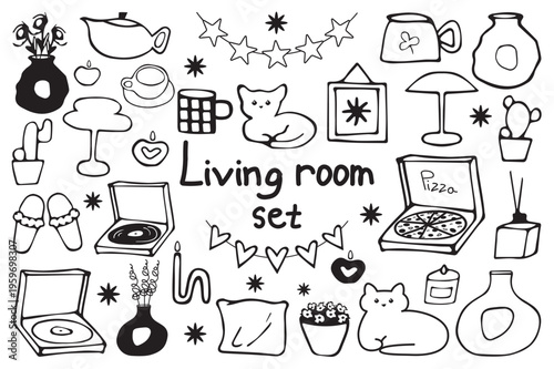 Hand drawn doodle living room set. Cozy home interior illustration collection with furniture, vase, lamp, decor elements, candle, plants, cat, cup, pizza, record player and everyday objects
