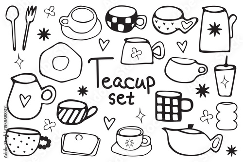 Hand drawn doodle teacup and mug set. Cozy home illustration collection with cups, teapots, coffee mugs, kitchen elements and decorative details