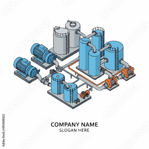 Isometric illustration of an industrial water treatment plant with pumps, tanks, and piping systems.