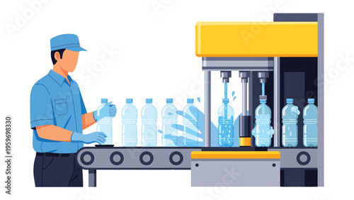 Bottling Process: An image depicts the automated bottling process with an industrial worker overseeing the water filling production line. 