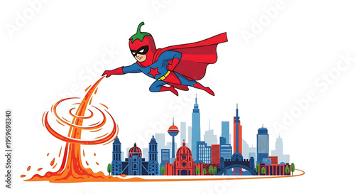 A cartoon superhero, resembling a red pepper, is flying over a vibrant cityscape while swirling a dynamic orange vortex.