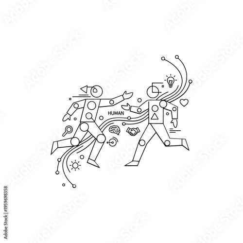 People are dancing together with abstract shapes and symbols around them in a lively scene.